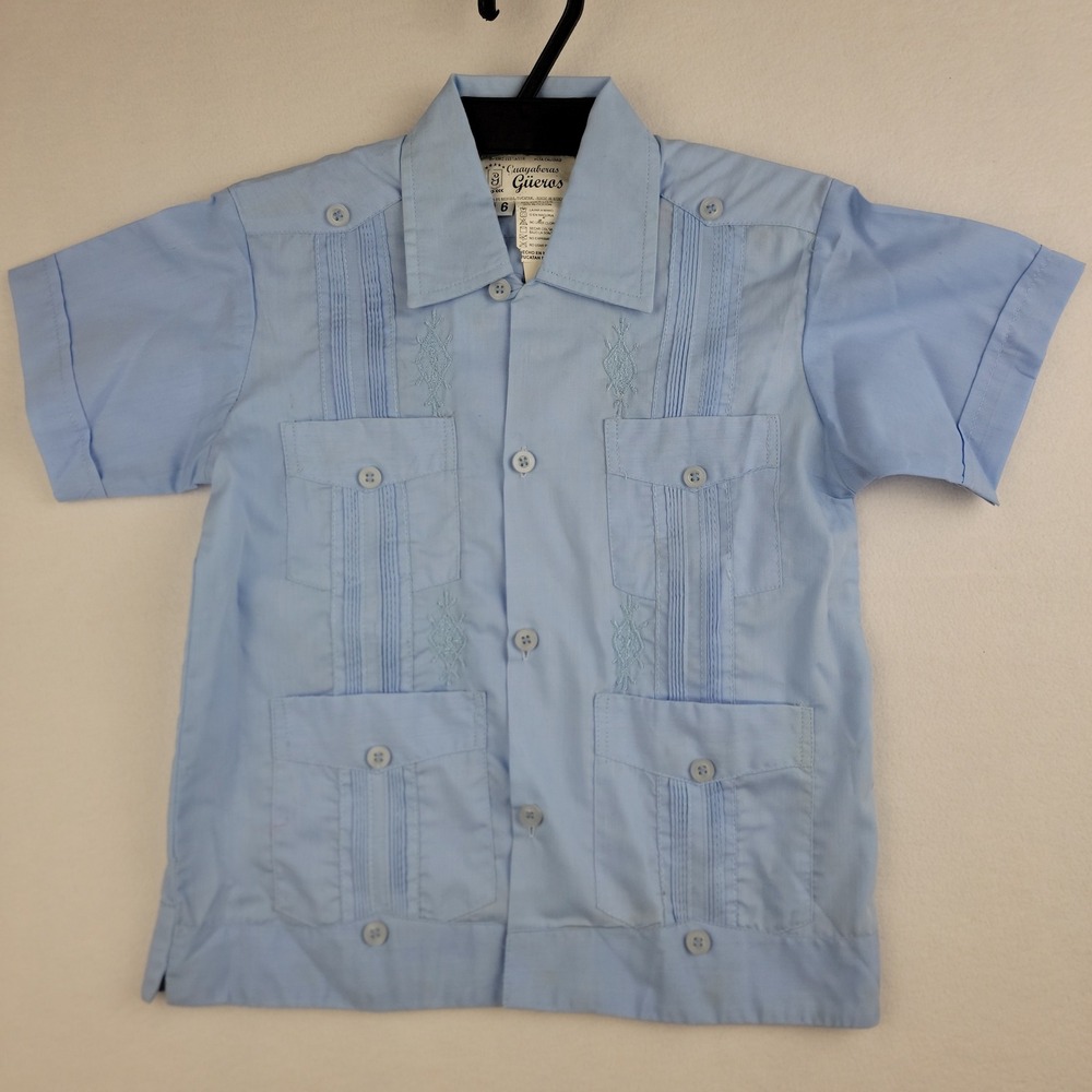 Guayaberas Güeros Kids Blue Short Sleeve Embroidered Mexican Wedding Shirt Sz 6